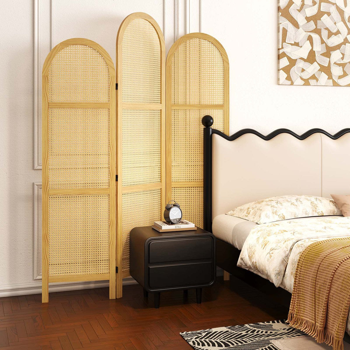 ADOUER WOOD Handcrafted Arched 3-Panel Room Divider with Natural Cane Webbing