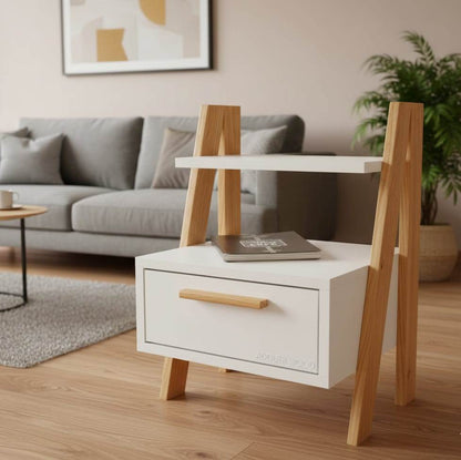 Linear Ladder Solid Wood Bedside Table with Storage Drawer and Display Shelf