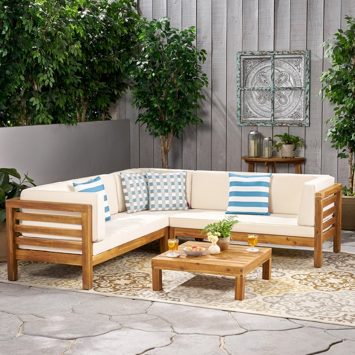 Acacia Wood 5 Seater Modular Outdoor Sofa Set With Coffee Table | Natural Acacia Wood | Polyester Fabric