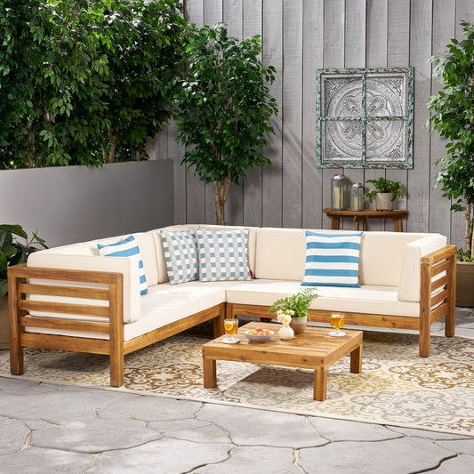 Acacia Wood 5 Seater Modular Outdoor Sofa Set With Coffee Table | Natural Acacia Wood | Polyester Fabric