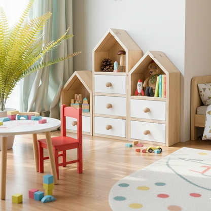 ADOUER WOOD Montessori Wooden House Storage Unit – Kids’ Nursery Bookshelf & Dresser with White Drawers – Set of 3 Modular Playroom Organizers
