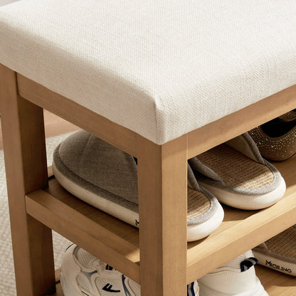 Space-Saving Solid Wood Shoe Bench with Dual Shelves and Comfortable Upholstered Seating