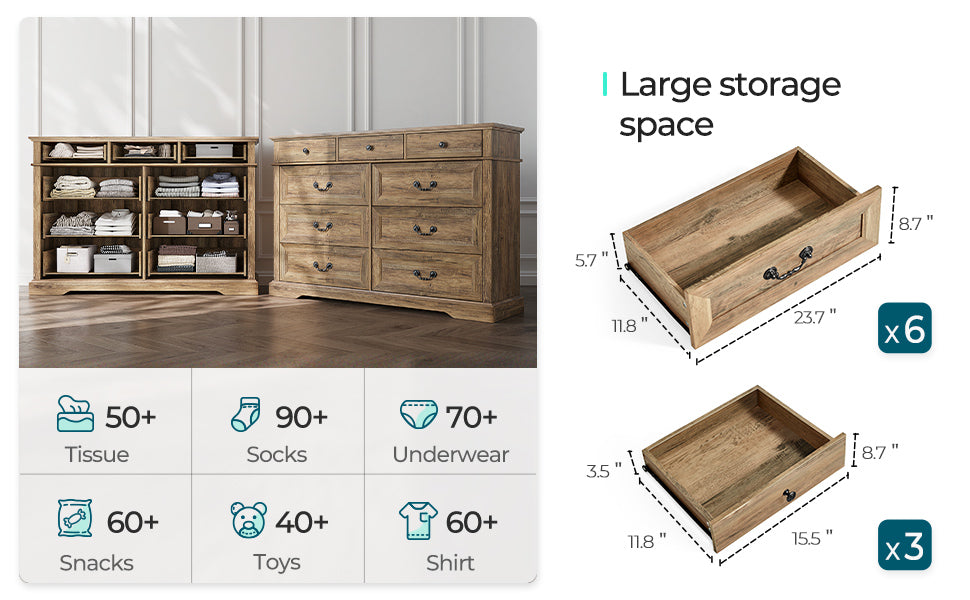 ADOUER WOOD 9 Drawers Solid Sheesham Wood Mulit Use Chest of Drawers