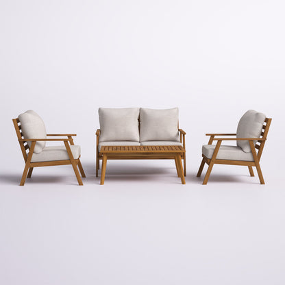 ADOUER WOOD 4-Piece Outdoor Patio Furniture Set – Solid Acacia Wood Seating Group with Plush Cushions