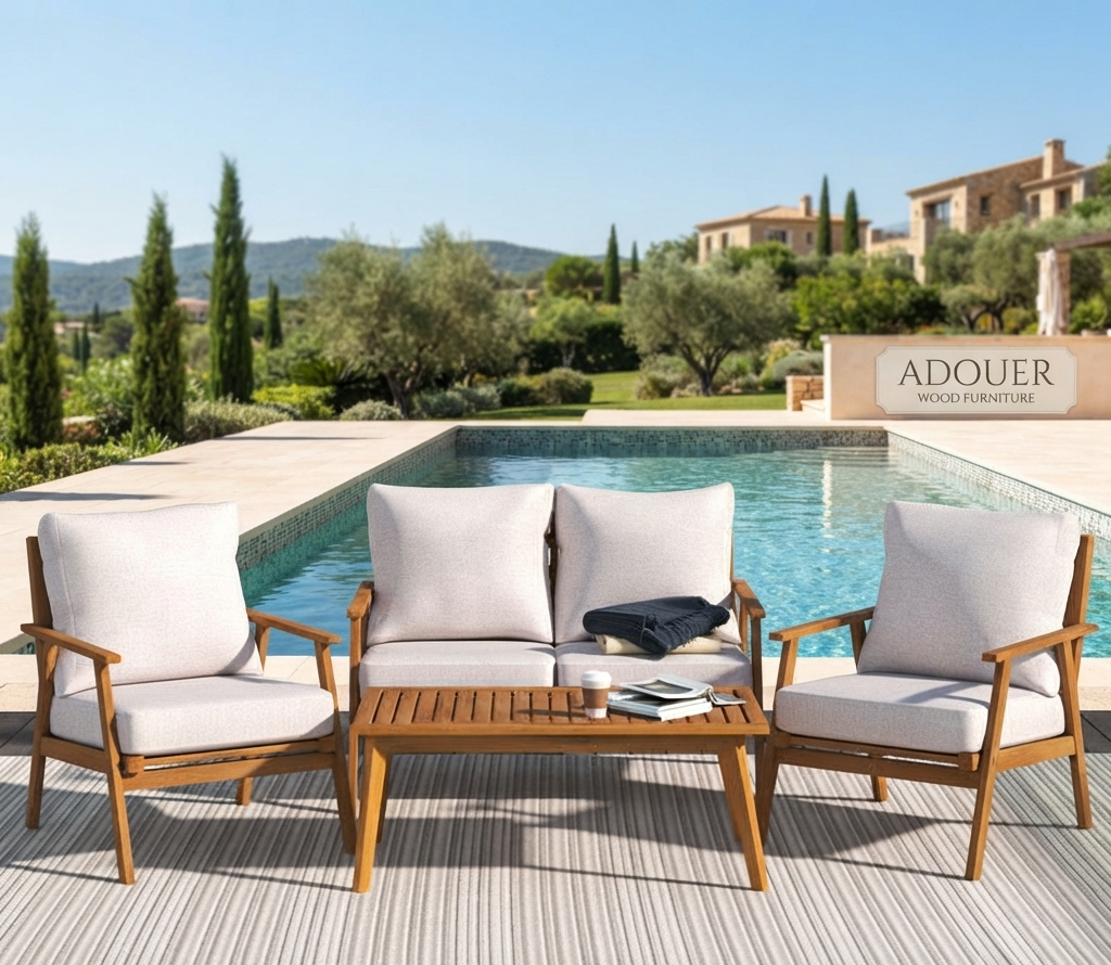 ADOUER WOOD 4-Piece Outdoor Patio Furniture Set – Solid Acacia Wood Seating Group with Plush Cushions