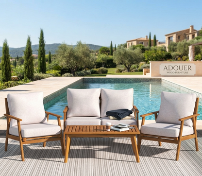ADOUER WOOD 4-Piece Outdoor Patio Furniture Set – Solid Acacia Wood Seating Group with Plush Cushions