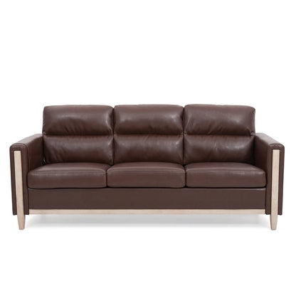ADOUER WOOD Luxurious Acacia Wood Frame 3 Seater Brown Leatherette Fabric Sofa