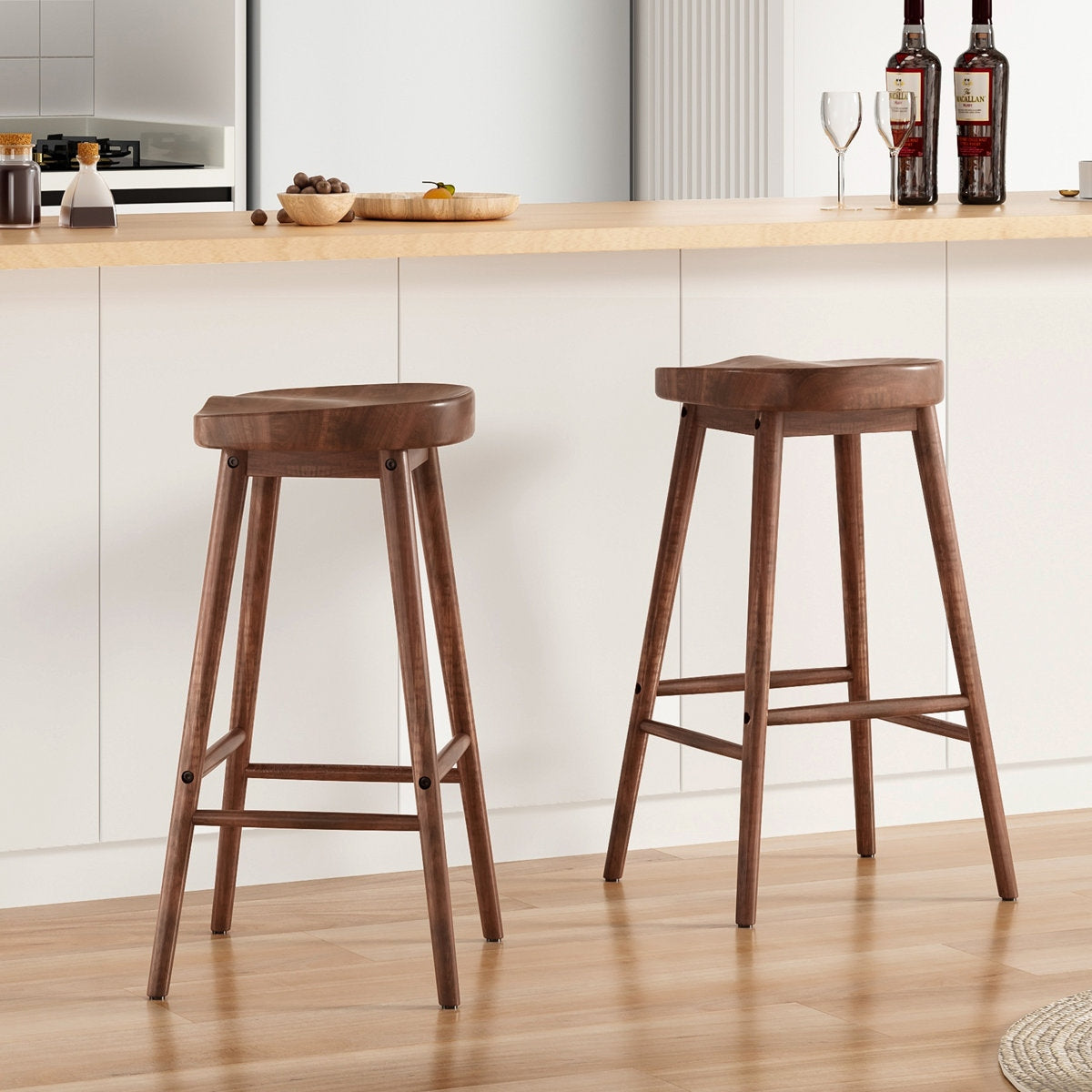 The Sculpted Walnut Saddle Stool: Solid Wood Mid-Century Bar Seating (Set of 2)