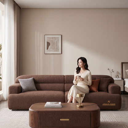 Adouer Wood Modern Low-Profile Velvet Bouclé Sofa in Earthy Brown – Premium Fabric Deep Seat Lounge Couch