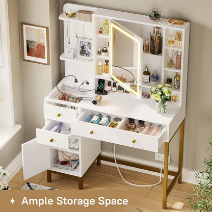 Premium Solid Wood Dressing Table featuring Multi-Tier Shelving and Smart LED Square Mirror