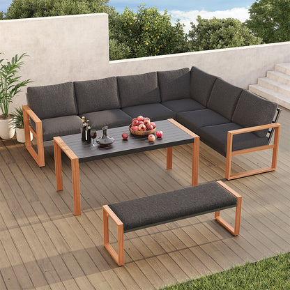 Adouer Wood Signature Series: Contemporary 7-Seater Patio Sofa with Integrated Dining Table and Bench