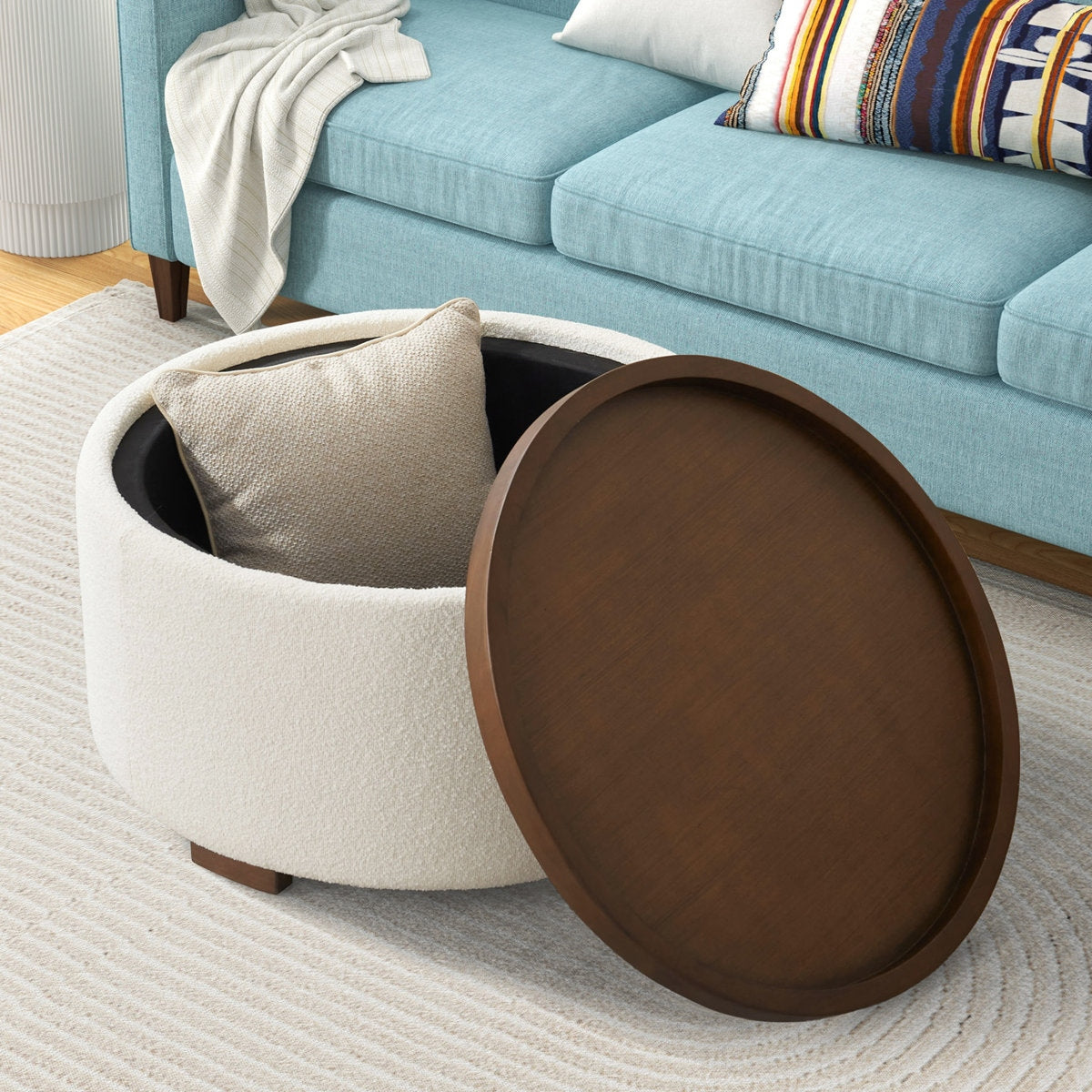 Round Boucle Storage Ottoman with Removable Acacia Wood Tray Table