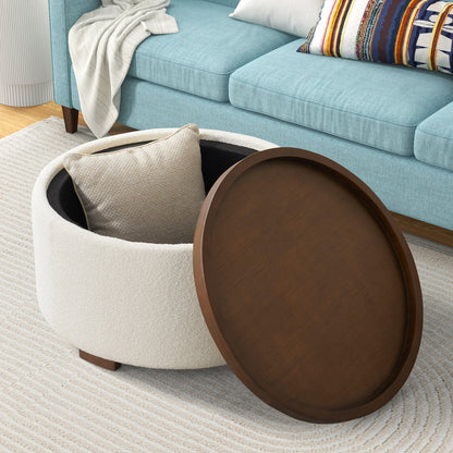 Round Boucle Storage Ottoman with Removable Acacia Wood Tray Table