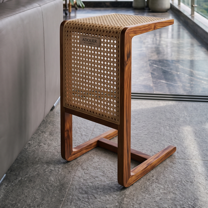 ADOUER WOOD Modern C-Shaped Side Table with Natural Rattan Webbing