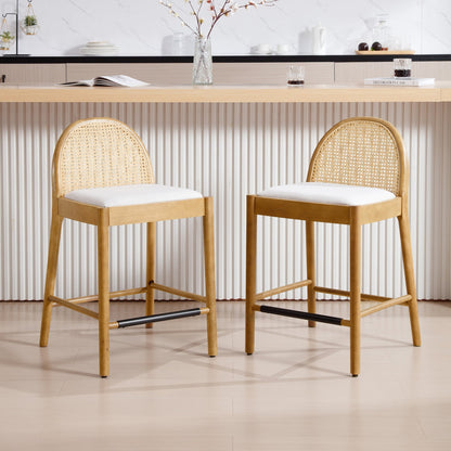 The Heritage Solid Wood Bar Stool Set – Handcrafted Woven Rattan & Cotton Upholstery