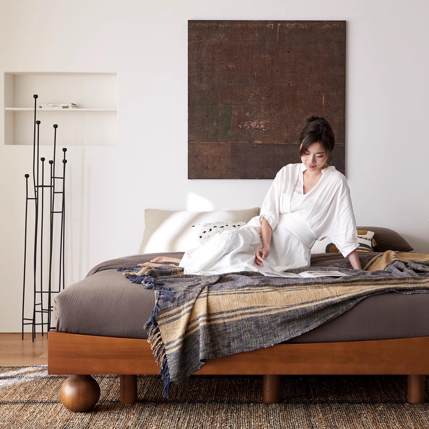 Japanese Style Low Platform Bed: Honey Acacia Wood with Distinct Spherical Legs