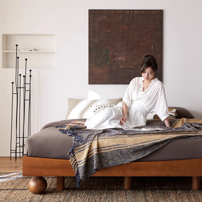 Japanese Style Low Platform Bed: Honey Acacia Wood with Distinct Spherical Legs