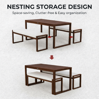 Contemporary Solid Wood Outdoor Dining Suite: Slat-Top Table with Integrated Bench Seating