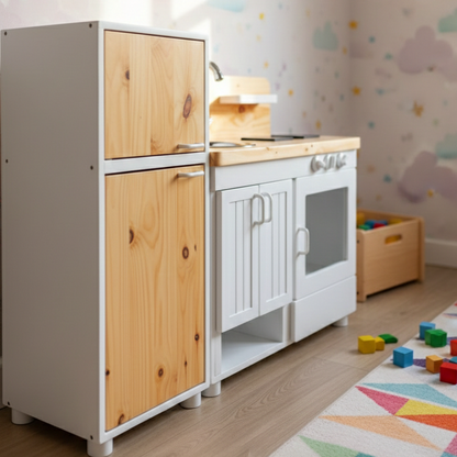 ADOUER WOOD Handcrafted Wooden Play Kitchen for Toddlers – Natural & White Montessori Toy Kitchen with Fridge, Oven, and Sink