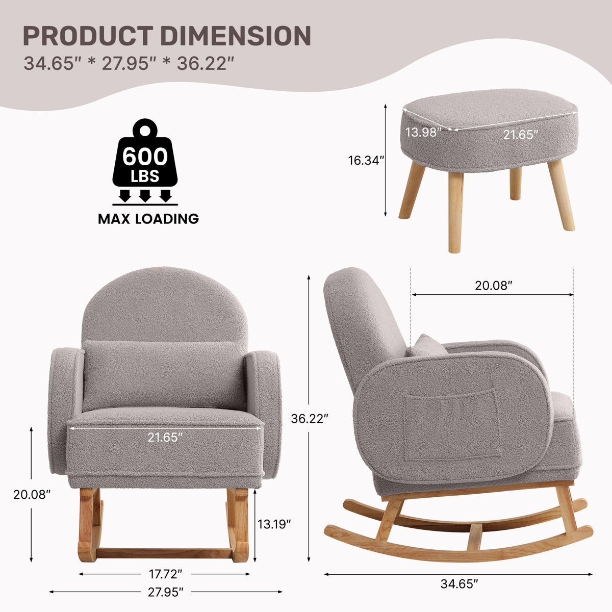 Modern Grey Boucle Rocking Chair and Ottoman with Natural Wood Accents