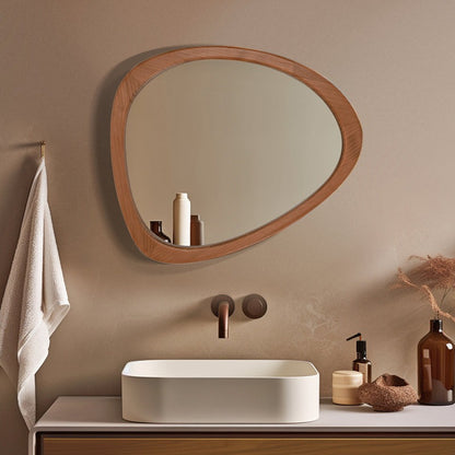 Asymmetrical Wood Wall Mirror - Organic Pebble Shape Mirror for Bathroom, Entryway & Living Room - Mid-Century Modern Decorative Mirror