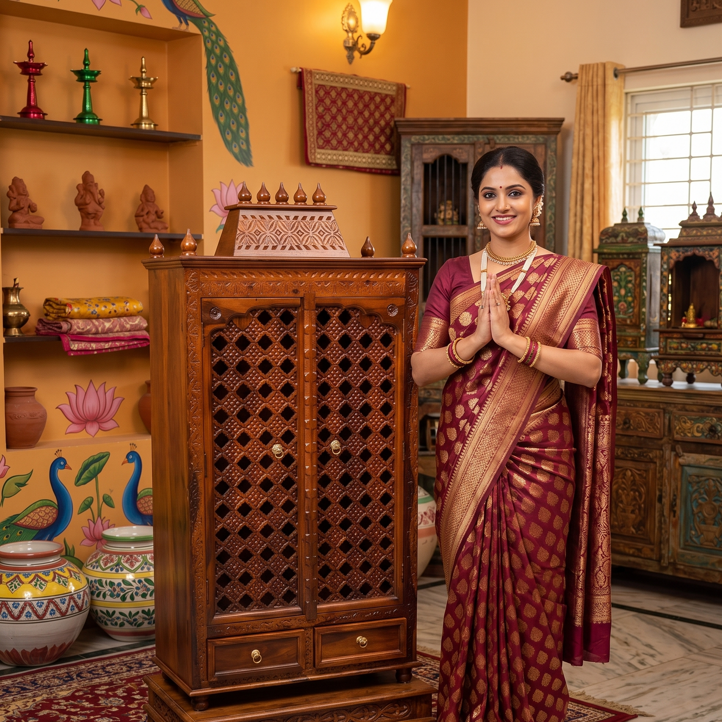 ADOUER WOOD Intricately Crafted Solid Teak Wood Puja Ghar / Temple