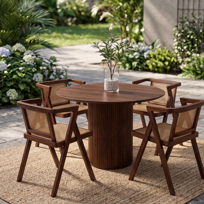 ADOUER WOOD Japandi Round Wooden Dining Table with Ribbed Pedestal Base and Natural Rattan Rattan/Cane Accent Chairs