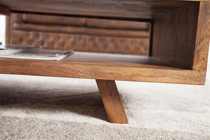 Sheesham Wood Rectangular Coffee Table with Open Storage Cubby and Tapered Base