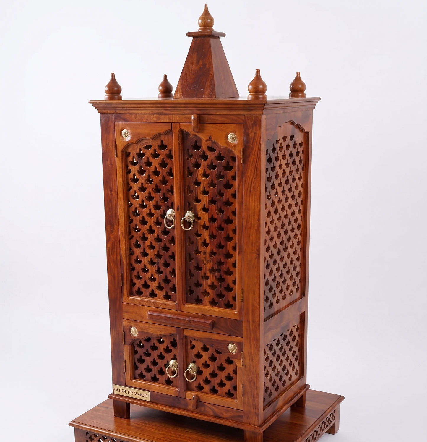 ADOUER WOOD Handcrafted Sheesham Wood Home Temple with Intricate Jali Work & Storage Drawer