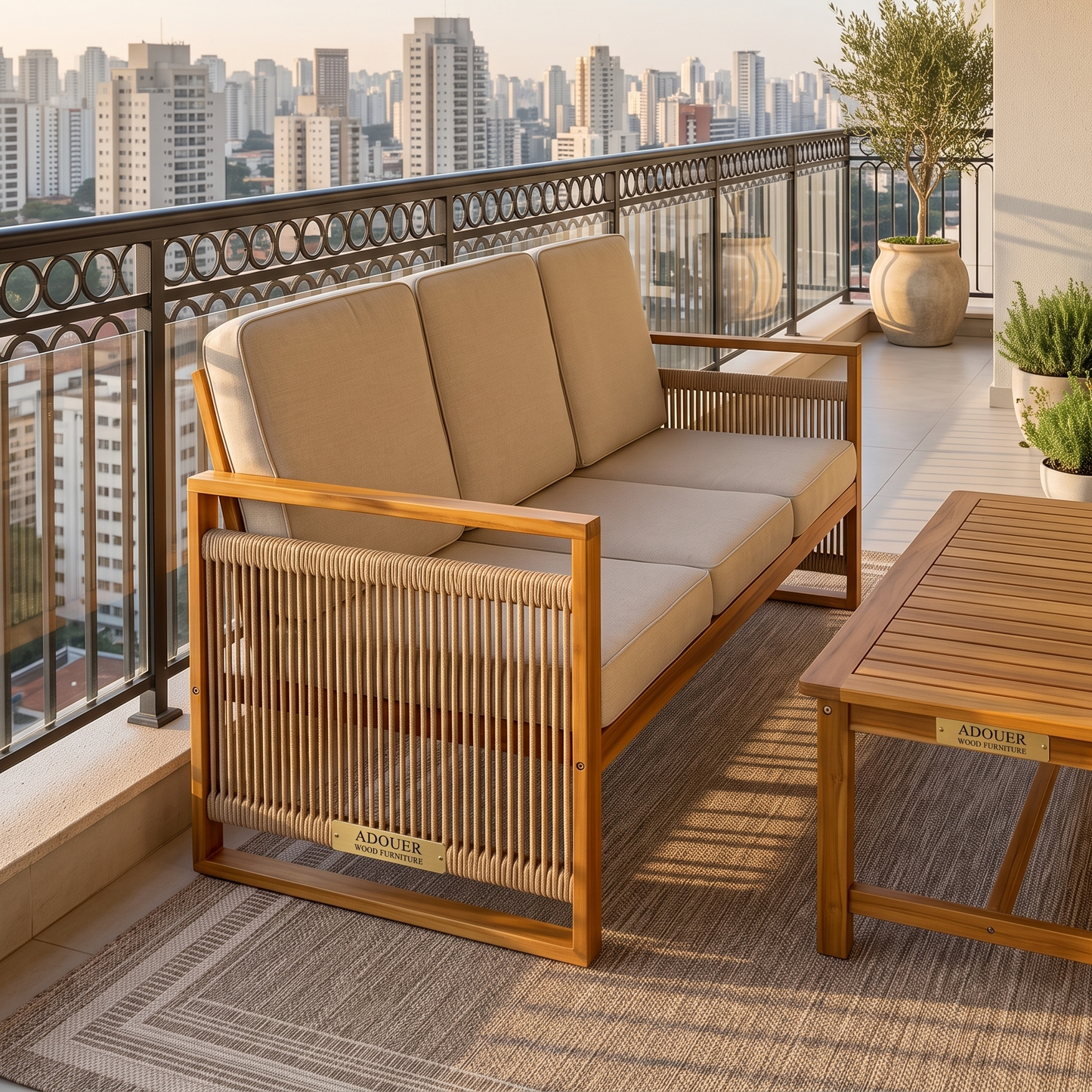 ADOUER WOOD Coastal Modern 3-Seat Outdoor Sofa – Natural Acacia Wood & Wrapped Rope Accent