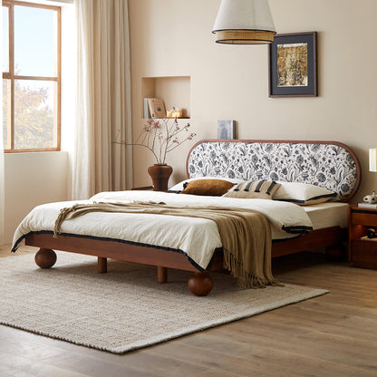 Walnut Sheesham Wood Fusion Bed: Japanese Low Profile with Botanical Upholstered Headboard