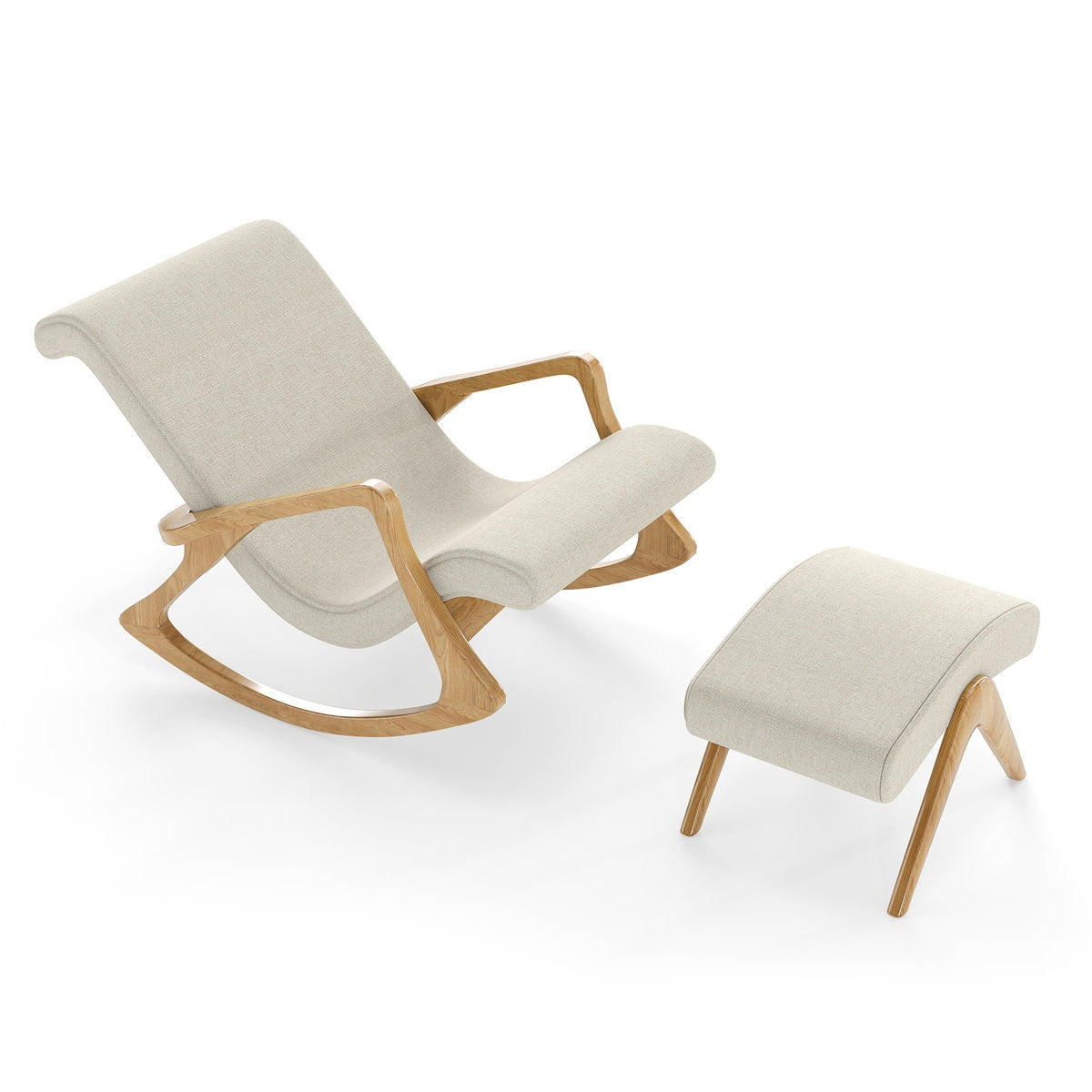 Solid Acacia Wood Rocker & Cotton Footstool Set for Living Room