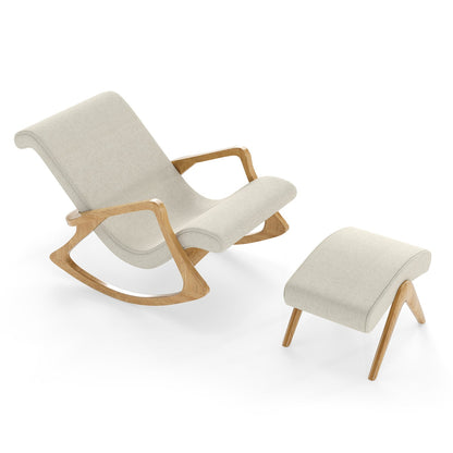 Solid Acacia Wood Rocker & Cotton Footstool Set for Living Room