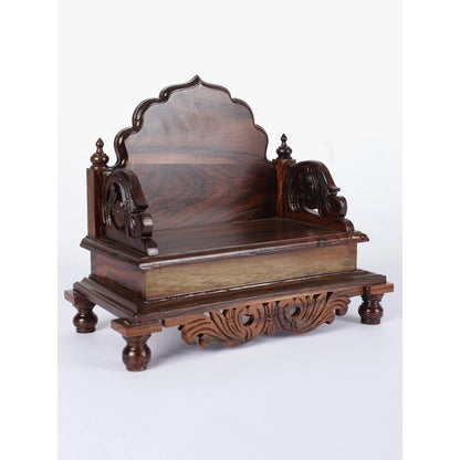 Sheesham Wood Designer Pooja Chowki with Intricate Front Carving – Walnut