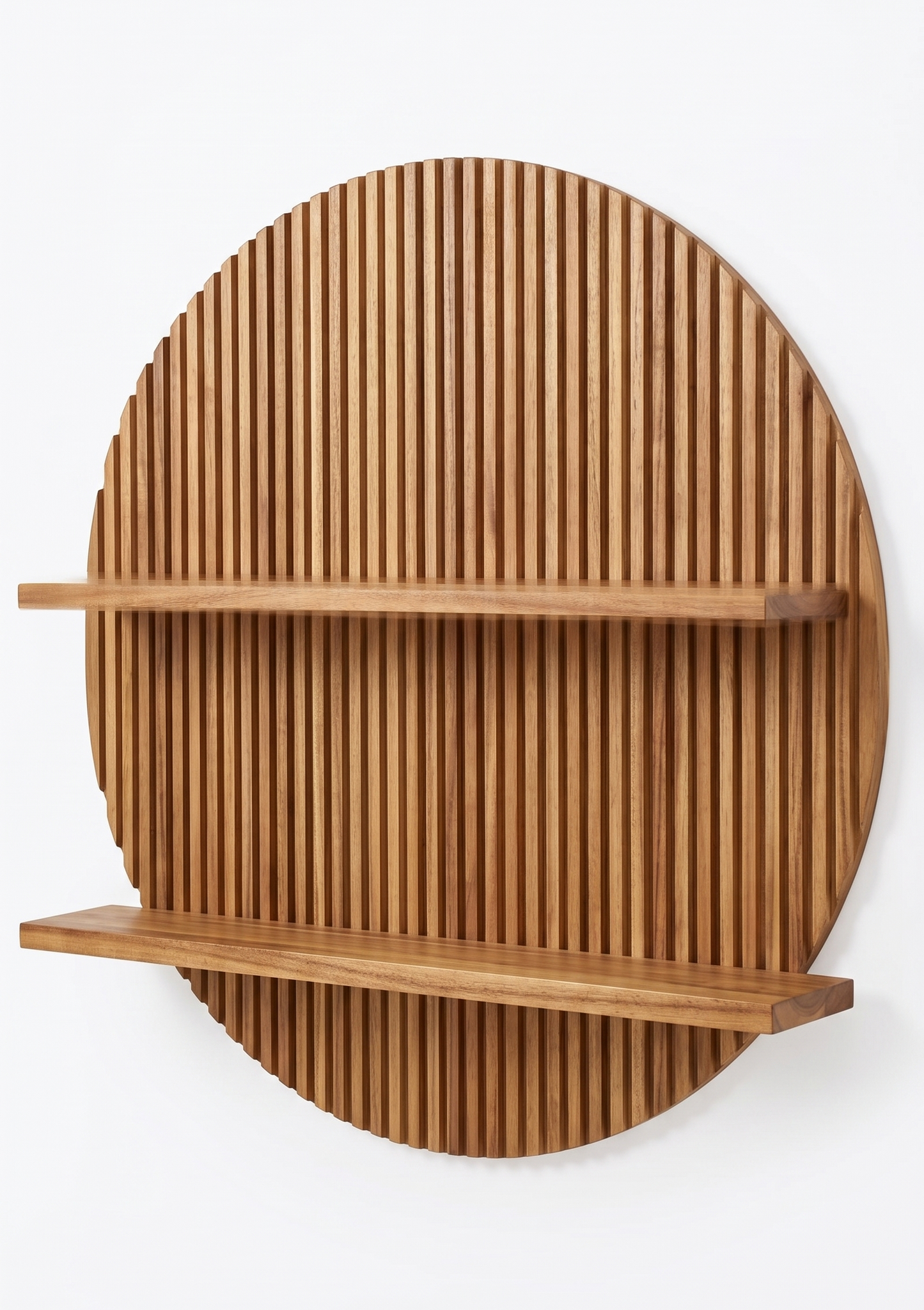 ADOUER WOOD Modern Circular Fluted Wood Wall Decor – 2-Tier Floating Shelf