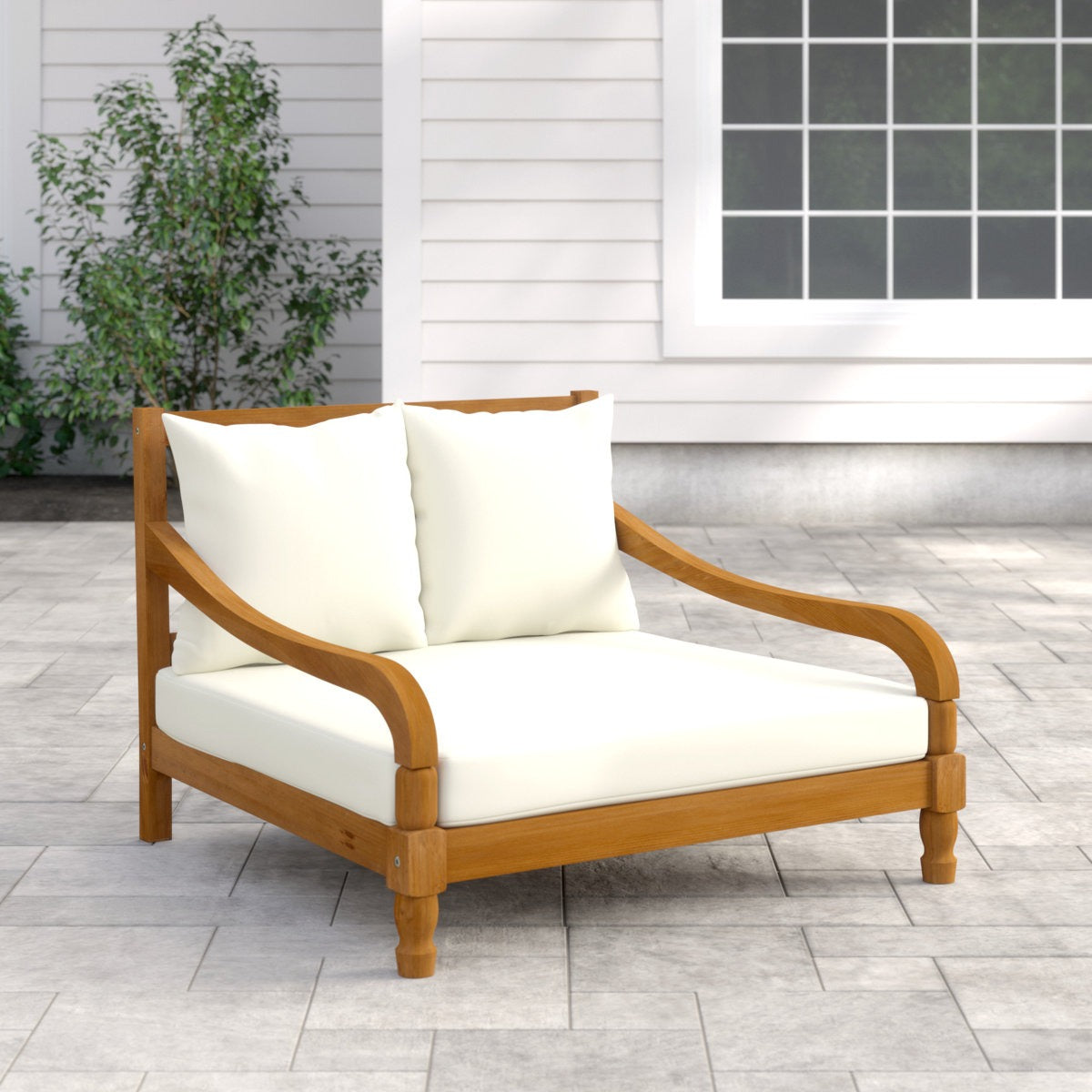 ADOUER WOOD Solid Wood Double Daybed Chaise Lounge with 2 Cushions – Handcrafted 2-Seater Outdoor & Indoor Settee