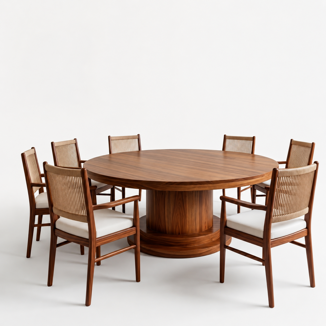 Luxury 7-Seater Round Dining Set - Natural Wood Finish with Beige Upholstery and Corded Backrest