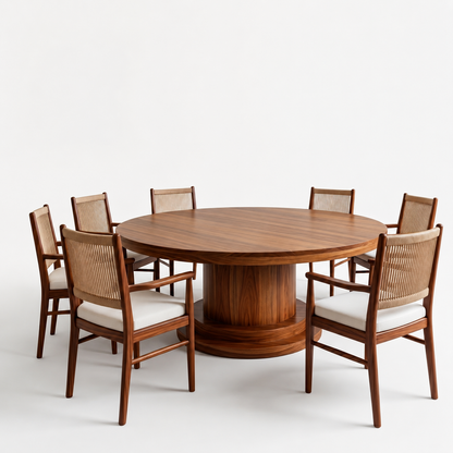Luxury 7-Seater Round Dining Set - Natural Wood Finish with Beige Upholstery and Corded Backrest