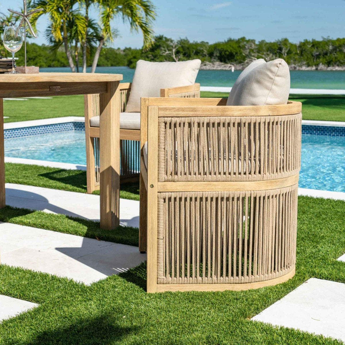 Solid Wood Rectangular Dining Table with Hand-Woven Barrel Chairs