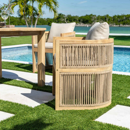 Solid Wood Rectangular Dining Table with Hand-Woven Barrel Chairs