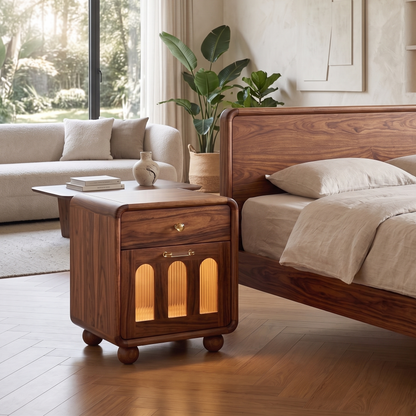 Adouer Wood Solid Sheesham Wood Bedside Table with Drawer and Fluted Acrylic Glass Door