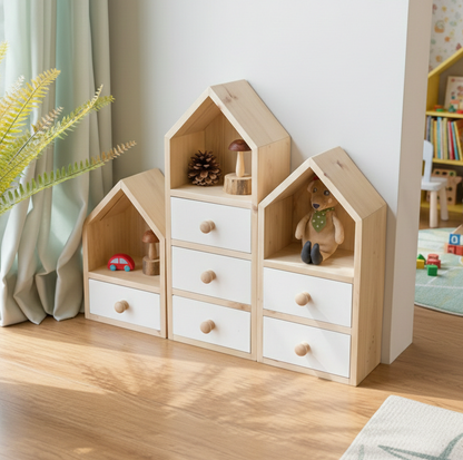 ADOUER WOOD Montessori Wooden House Storage Unit – Kids’ Nursery Bookshelf & Dresser with White Drawers – Set of 3 Modular Playroom Organizers