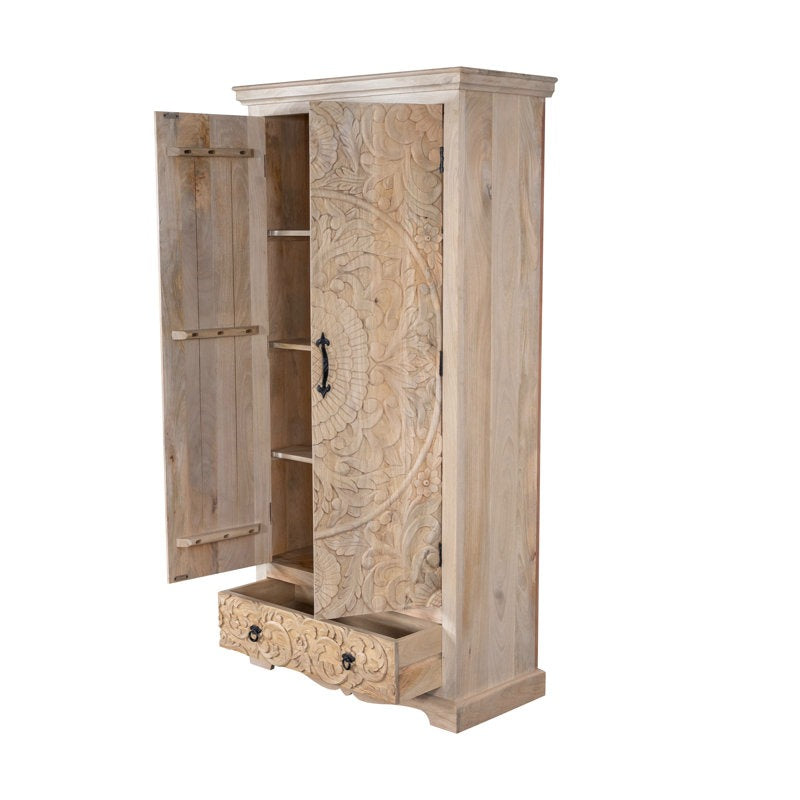 ADOUER WOOD Hand-Carved Solid Wood Wardrobe – Bohemian Floral Mandala Armoire with Integrated Storage Drawer