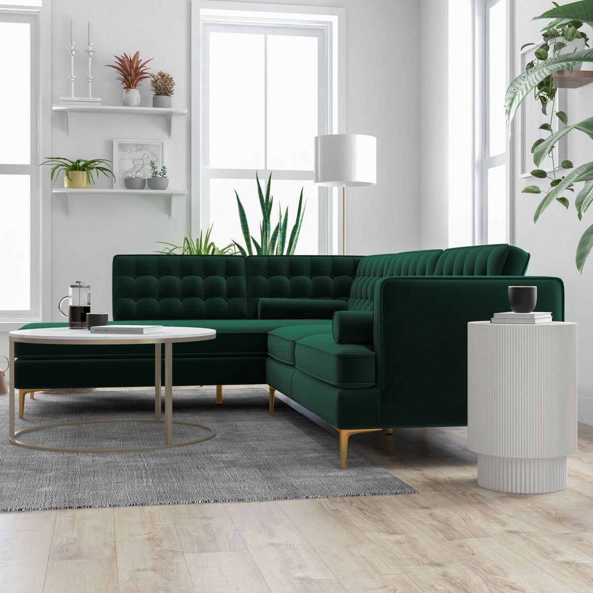 Emerald Green Velvet Tufted L-Shape Sectional 4 Seater Sofa