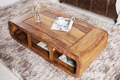 Organic Modern Sheesham Wood Coffee Table with Curved Ends and Open Compartment Storage