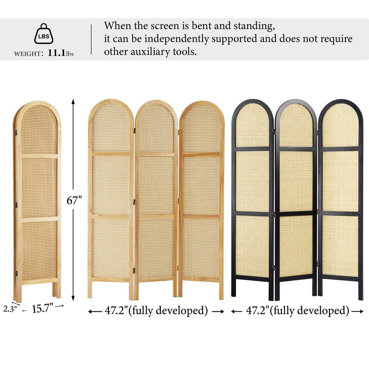 ADOUER WOOD Arched 3-Panel Solid Wood & Rattan Room Divider