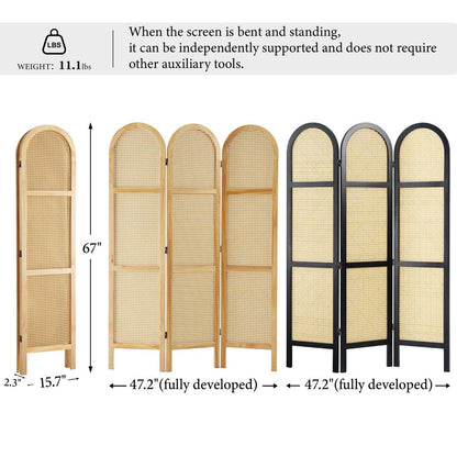 ADOUER WOOD Arched 3-Panel Solid Wood & Rattan Room Divider