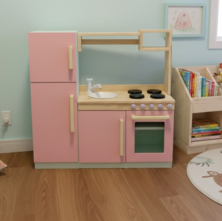 Premium Wooden Kids Play Kitchen Set – All-in-One Toy Kitchen with Fridge, Oven, Sink & Stove – Pastel Pink & Natural Wood Montessori Toy