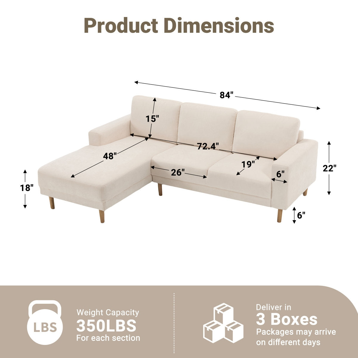 Luxury Acacia Wood Frame Velvet Sectional Sofa with Reversible Chaise