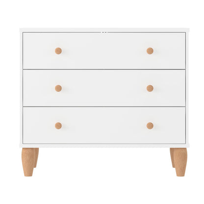 ADOUER WOOD Solid Wood 3-Drawer Kids Chest of Drawers – Modern White Nursery Dresser with Natural Legs & Knobs – Minimalist Storage Organizer for Kids Bedroom